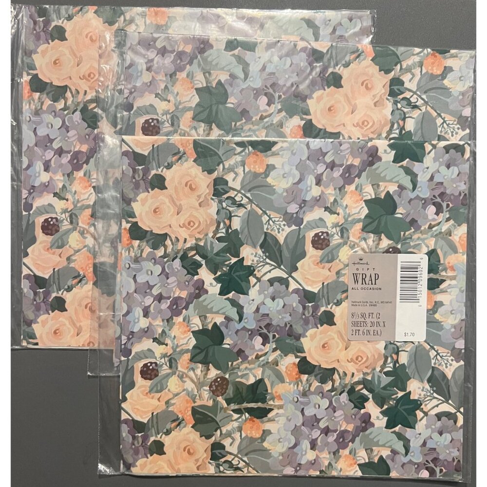 Lot‎ of 3 Vintage Hallmark All Occasions Sealed Gift Wrap Roses & Wildflowers
